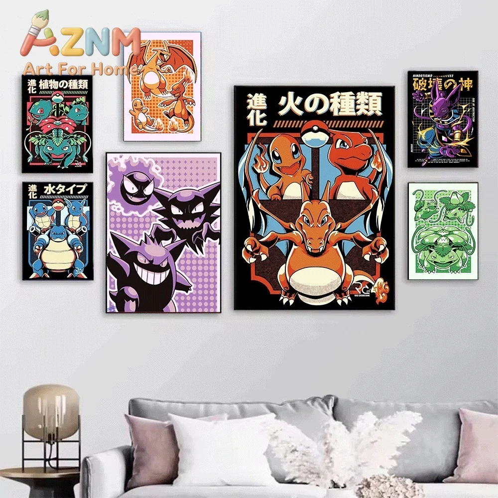Pokemon Anime Canvas Wall Art No Frame Mewtwo Mew Gengar Charizard Retro Comic Style Print Poster for Bedroom Living Room Home