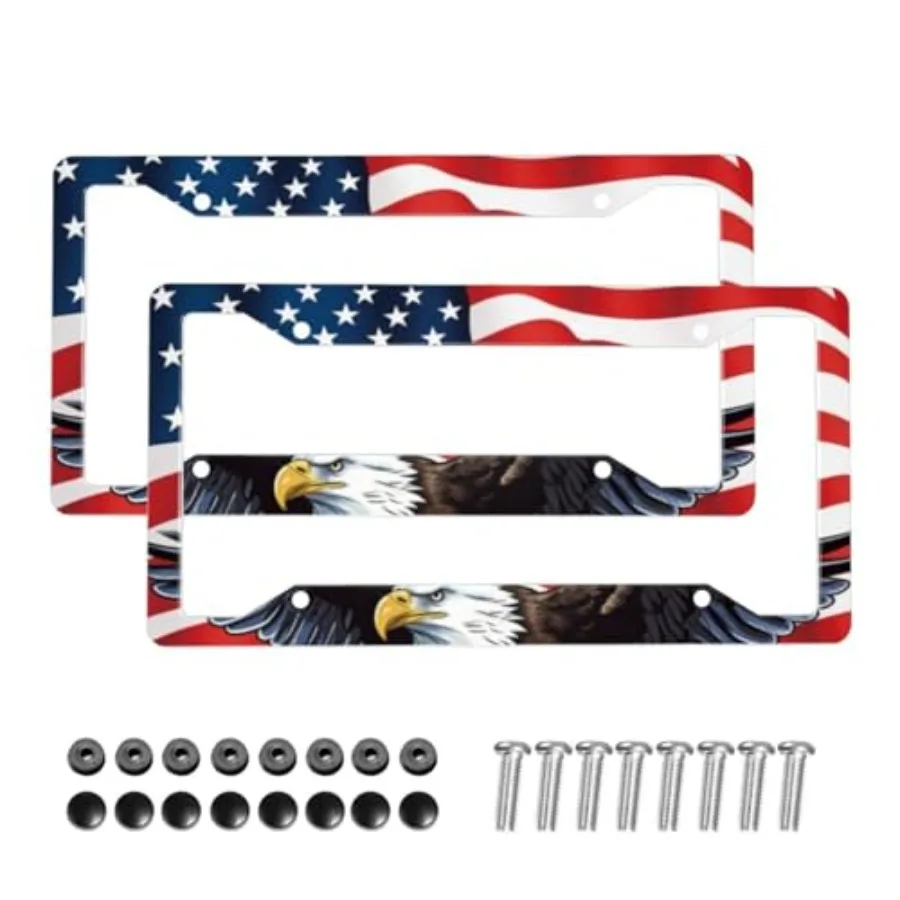 

American Flag License Plate Frame 2 Pack, Bald Eagle Patriotic Aluminum Car Tag Holder, Rustproof Metal Plate Frames with Screw