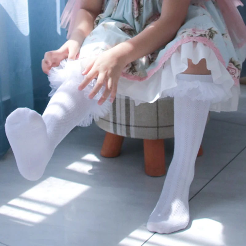 Factory sale white cotton Children's knee-high ballet stockings lace princess stockings