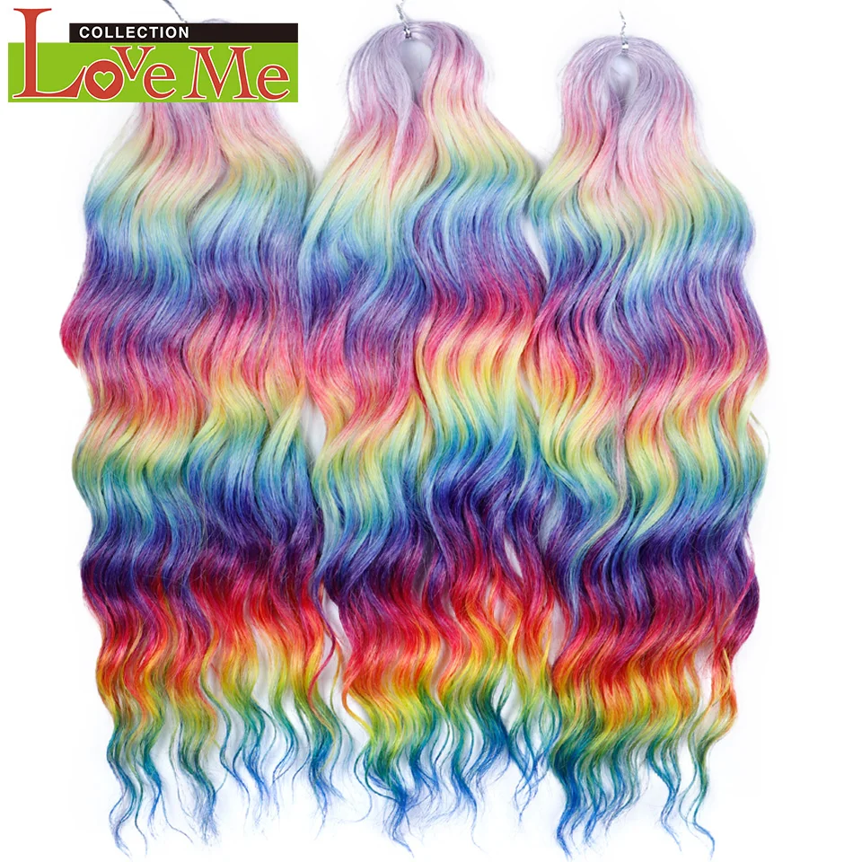 LOVE ME 24 Inch 3pcs Deep Wave Curl Hair Synthetic Water Wave Braiding Hair Extensions Ombre Rainbow Color Twist Crochet Hair