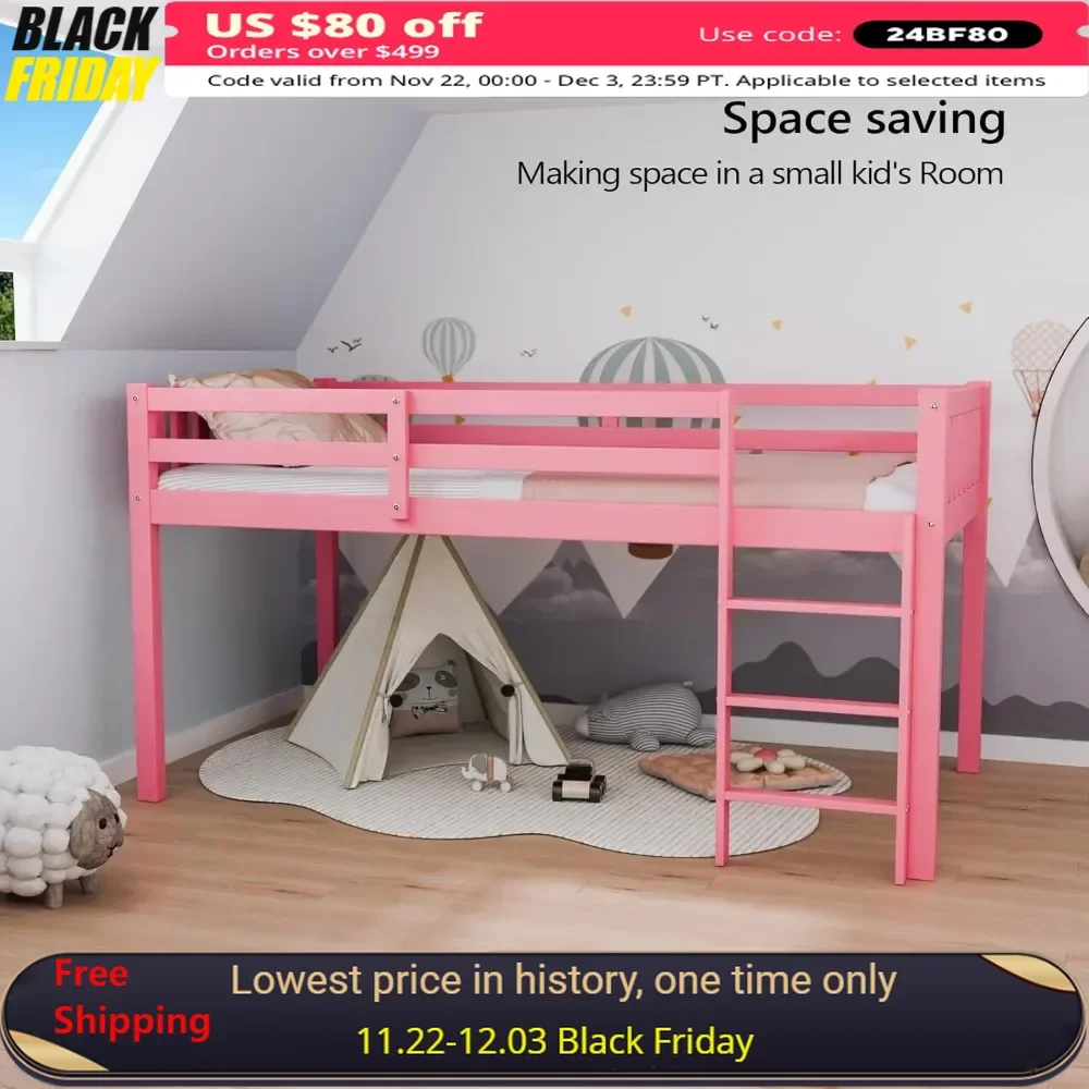 Bed Twin Size with Stairs, Wooden Toddler Loft Bed for Kids, Junior，Young Teens，Pine Wood Twin Bed Frame, Space-Saving Design