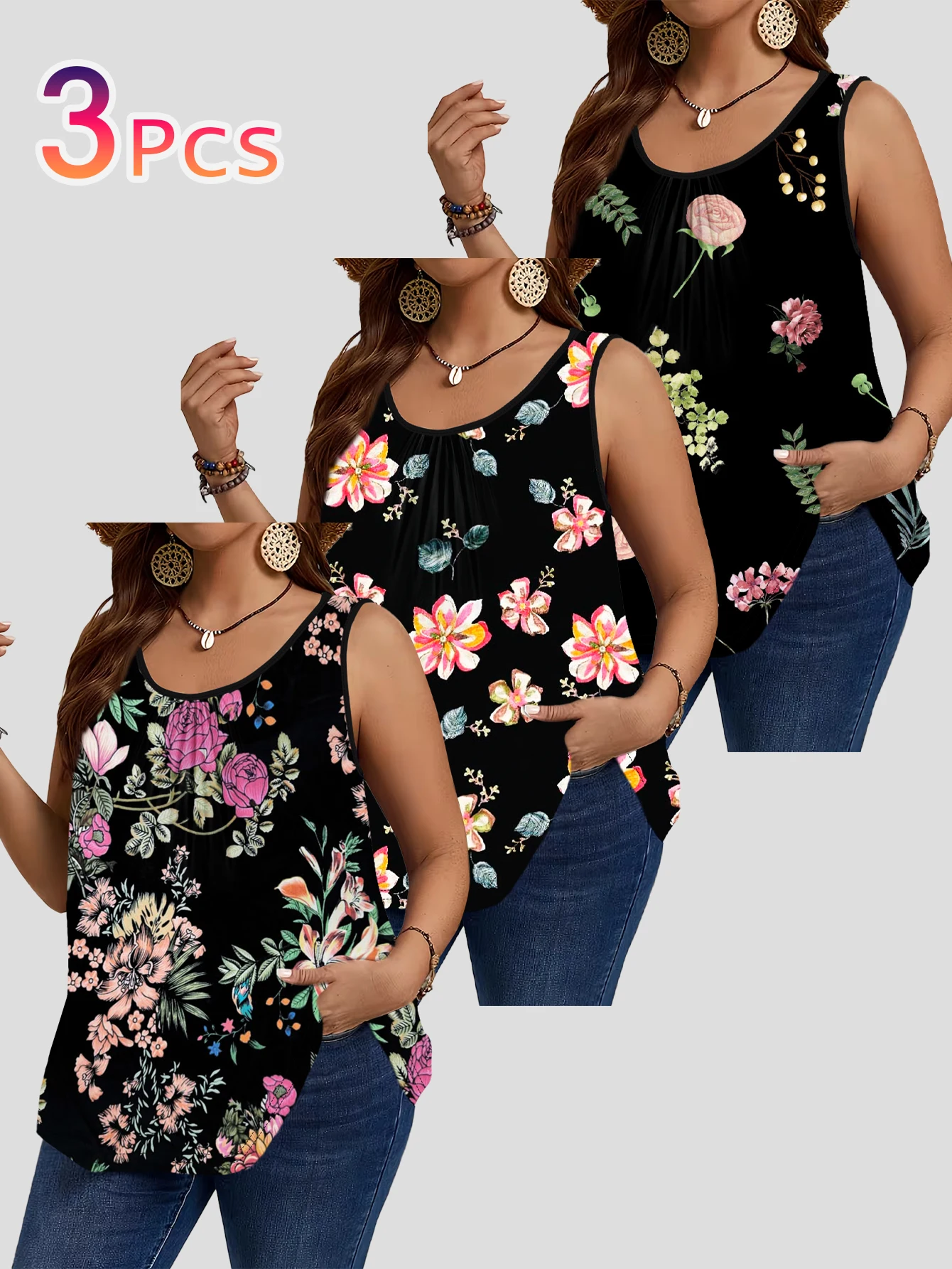 3-Piece Set of Plus-Size Women's Black Base Multicolor Wildflower Print Tank Tops, Round Neck Loose Sleeveless Tops