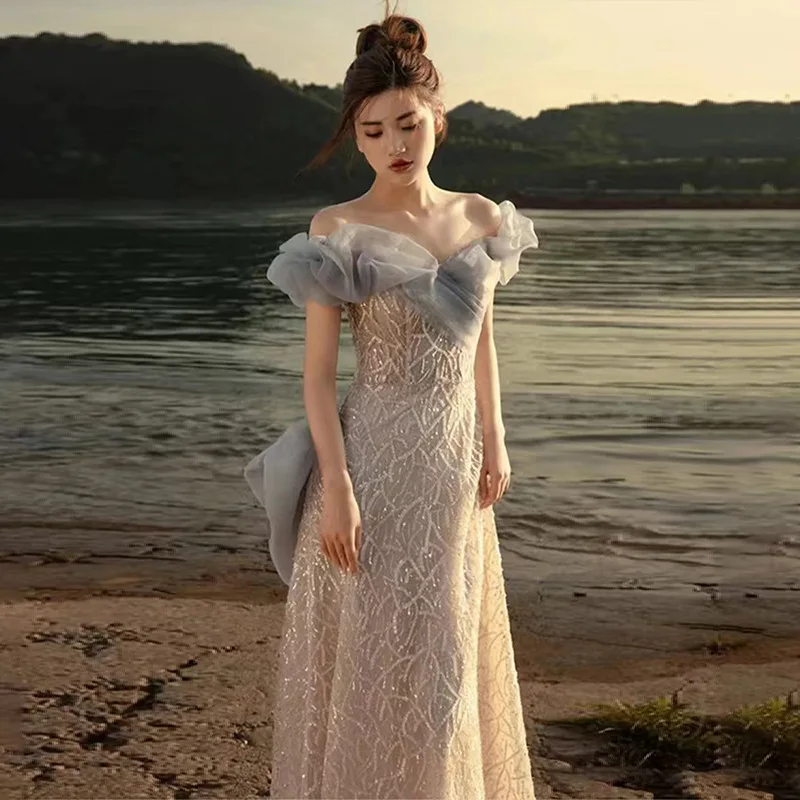 Vestido de noche con hombros descubiertos para ocasiones formales de fiesta, banquete para mujer, lentejuelas de alto sentido, tostada de nicho asequible