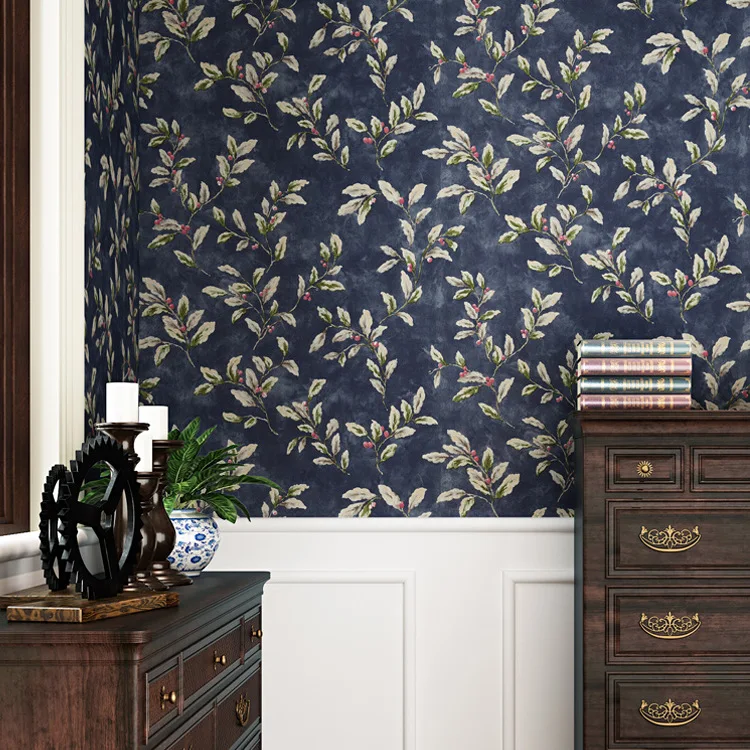 American Country Wallpaper Pastrol Retro Nostalgic Living Room Bedroom Dark Blue Leaves and Fruit Wallpaper Hotel Resturant