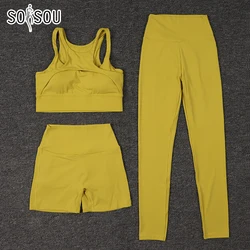 SOISOU Nylon Womens Clothing Gym Yoga Set Fitness Sportswear Sports Suit Bra Leggings Women's Pants Shorts Elastic Tight Fit