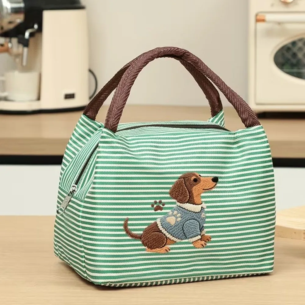 Cute Puppy Embroidery Thermal Lunch Bag Insulated Portable Tote Bag Handheld Striped Food Container Bag Work