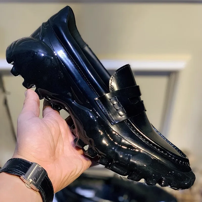 Flat men's shoes autumn new thick-sole heightened leather dissolved sole cover loafers casual large size small size men's shoes