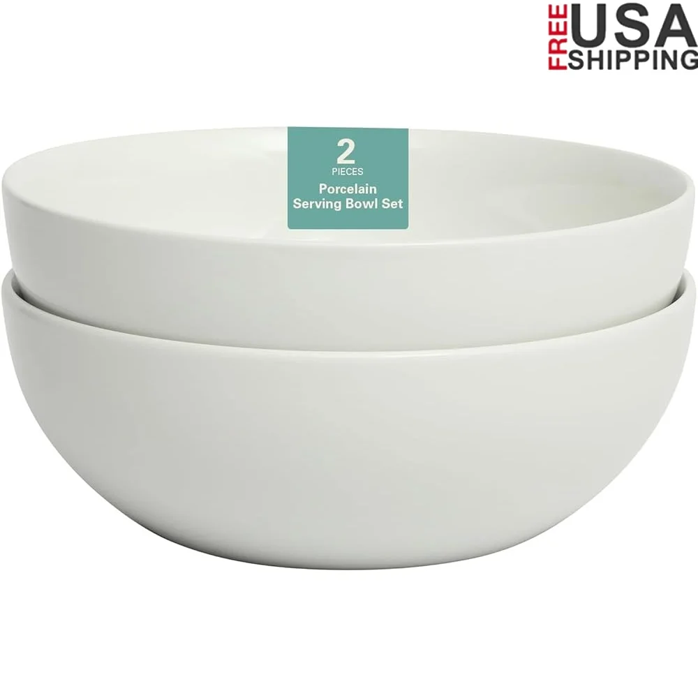

2 Pack 10 Inch Porcelain Salad Serving Bowls Dishwasher Microwave Safe Stackable Durable Kitchen Tableware Set