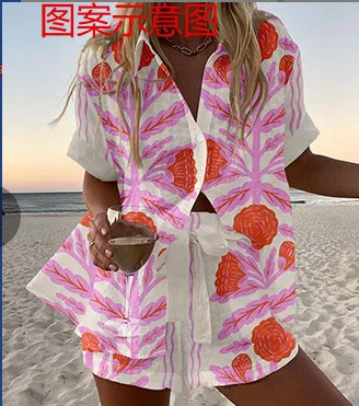 Women New Printed Short Sleeve Shirt Women's Shorts Set New Casual Loose Fashion Beach Vacation Style Shorts Women's 2-Piece Set
