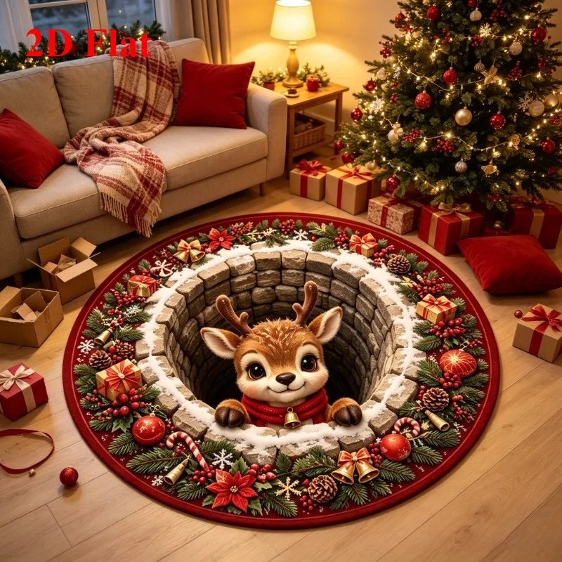 Reindeer Peeking Christmas 3D Hole Illusion Round Rug Wreath Berries Entryway Decor