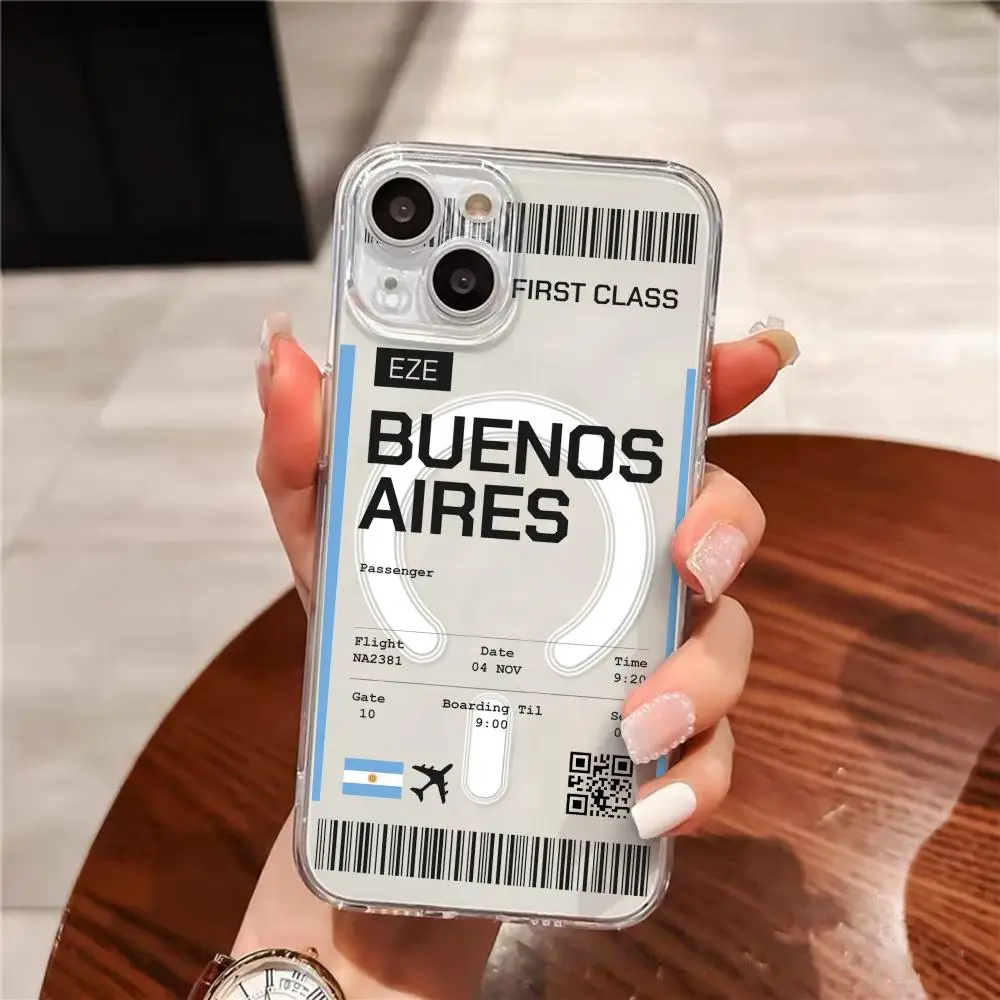 Funda para Teléfono con Diseño de Boleto de Viaje a Argentina para iPhone 17 16 15 14 13 12 11 Pro Max Plus, Transparente, Magnética, Resistente a Golpes y Arañazos
