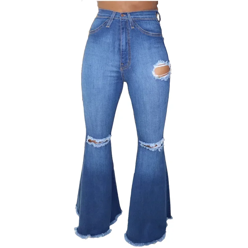 Fashion Clothes Vintage Washed Cotton Jeans High Waist Ripped Bell Bottom Flare Pants Women 2024 Wide Leg Denim Pants Trousers