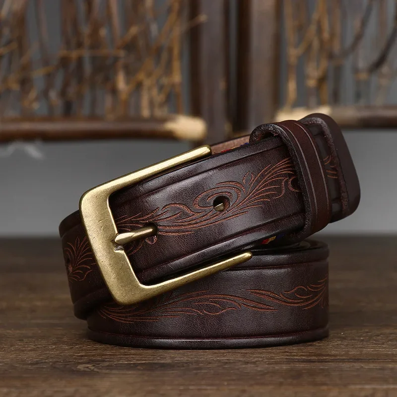 

3.5CM Wide Korean Retro Laser Carved Pattern Belt, Men's Genuine Leather, Pure Cowhide, Copper Buckle Belt, Women's Universal