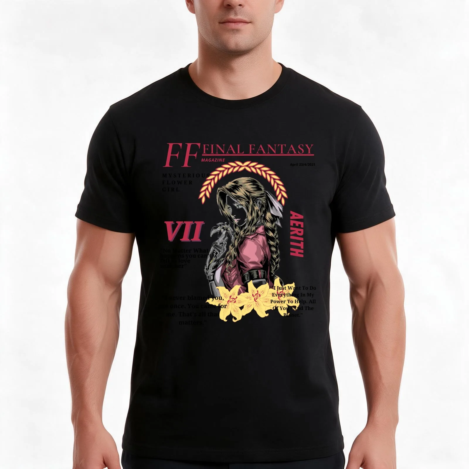 Aerith Gainsborough FF7 Magazine T-Shirt, Summer Casual Cotton Tee, Oversized Streetwear Tops, Vintage Graphic Print