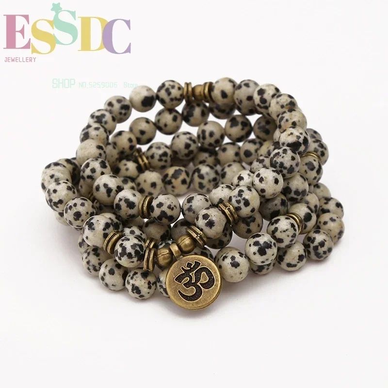 New Arrival Natural Speckle Stone  Men's Wrist 108 Mala Beads Jewelry Solar Plexus Bracelet with Lotus Pendant Wholesale