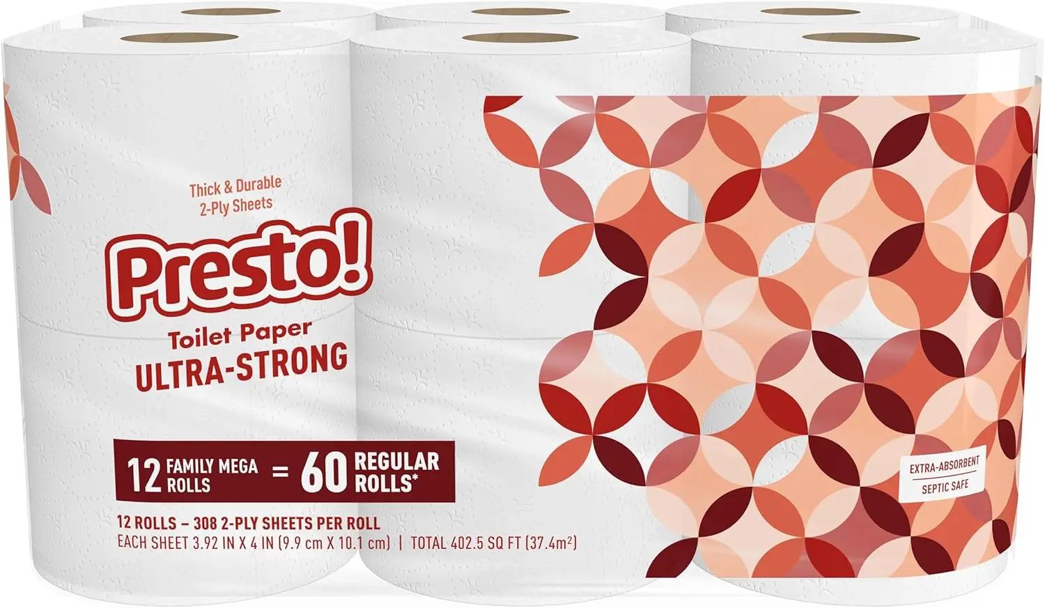 

Ultra-Strong 2-Ply Toilet Paper, 12 Mega Rolls = 60 Regular Rolls, 308 Sheets Per Roll, Unscented