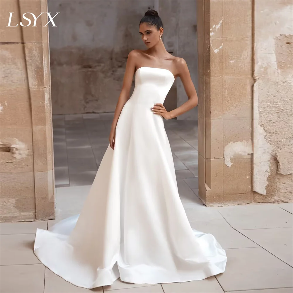 

LSYX Two Pieces Strapless Simple A Line Wedding Dress For Women Lace Top Crepe Open Back Floor Length Bridal Gown Custom Made