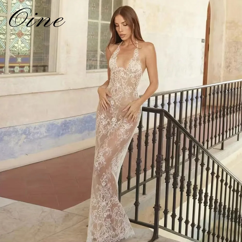 Oine Ivory Lace Halter Neck Evening Gown Sheer Mesh Mermaid Prom Dress with V-Neck Luxury Formal Party Gown for Women Customized