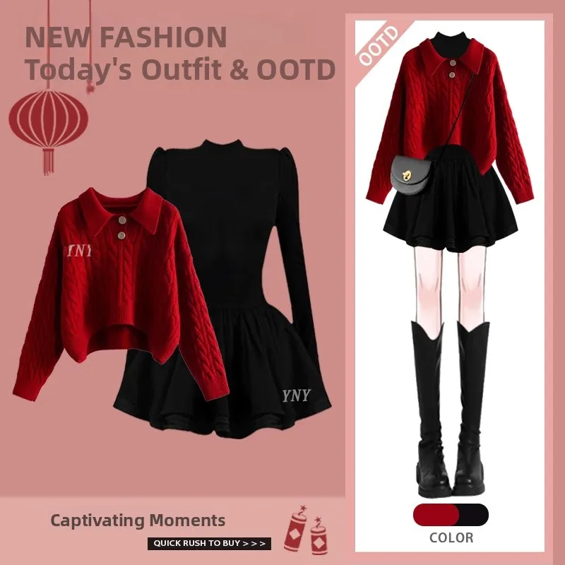 

Модный красный женский костюм-двойка с длинным рукавом и воротником, приталенный, осенне-зимний, новый стиль