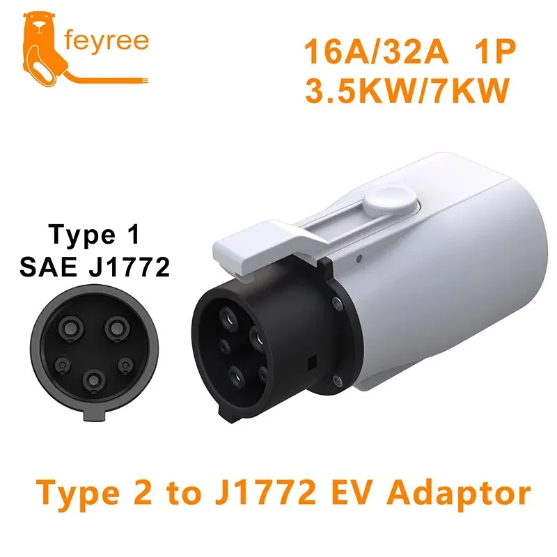 Feyree EV Charger Adapter Type2 to Type1 Car Charging Socket AC Charger Adapter 32A 1Phase 3.5KW 7KW Max for Electric Car