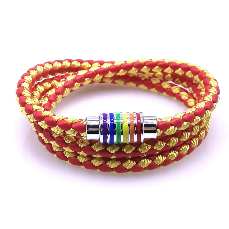 Stainless Steel Colorful Rainbow Leather Bracelet Men Women Spain National Flag Leather Bracelets Handmade Jewelry