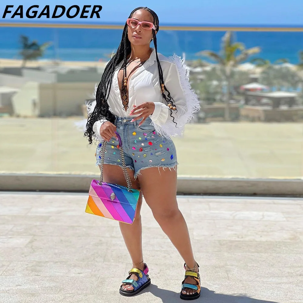 FAGADOER Fashion Colored Diamonds Tassels Denim Shorts Women High Waisted Pocket Slim Jean Casual Female Matching Bottoms 2024