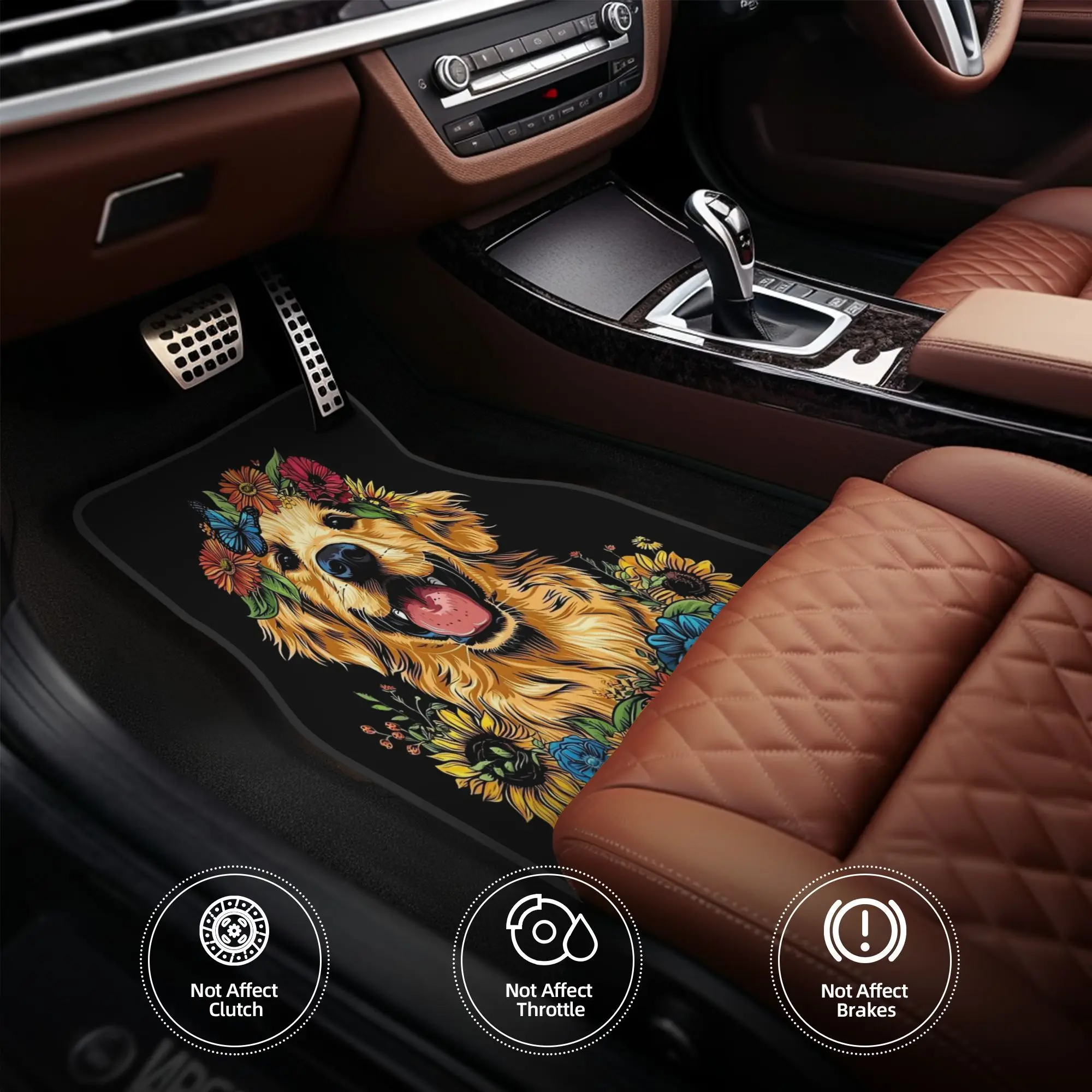 4pcs Funny Golden Retriever Floral Colorful Mom Dad Kids Car Floor Mats, Durable, Fit For Cars, Ideal Gift, Vehicle Interior Mat