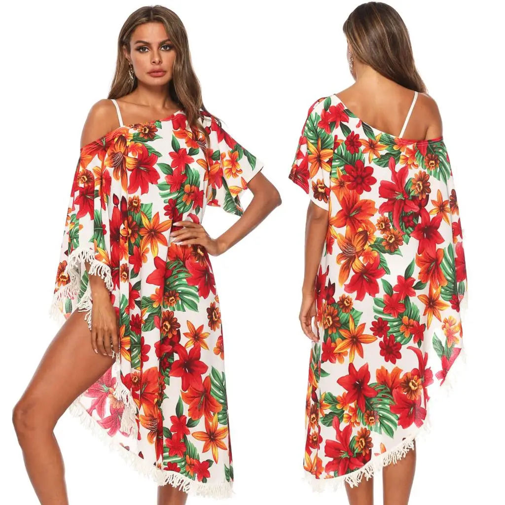 Vestido de verano de talla 2021 para mujer, bikini de playa con estampado botánico y flecos irregulares en los hombros