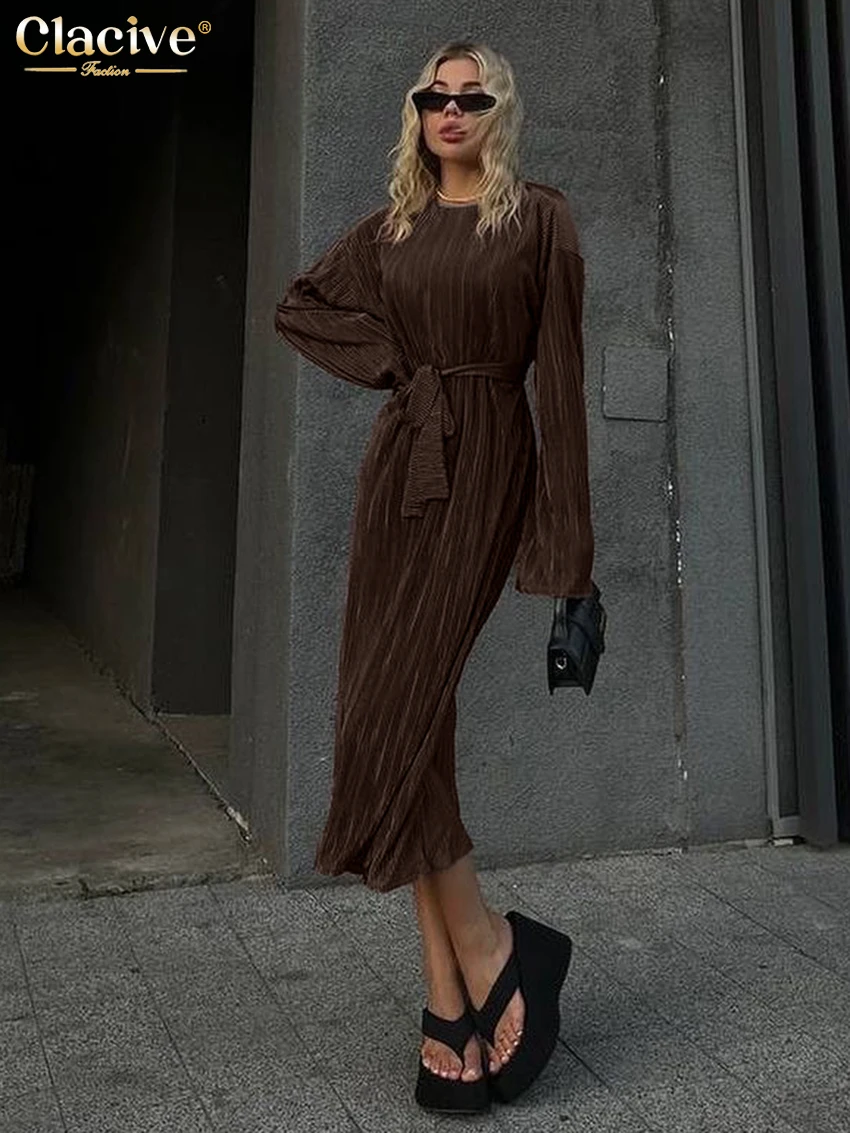 Clacive Fashion Loose Brown Pleated Women Dress 2025 Casual O-Neck Long Sleeve Midi Dresses Elegant Classic Lace-Up Female Dress