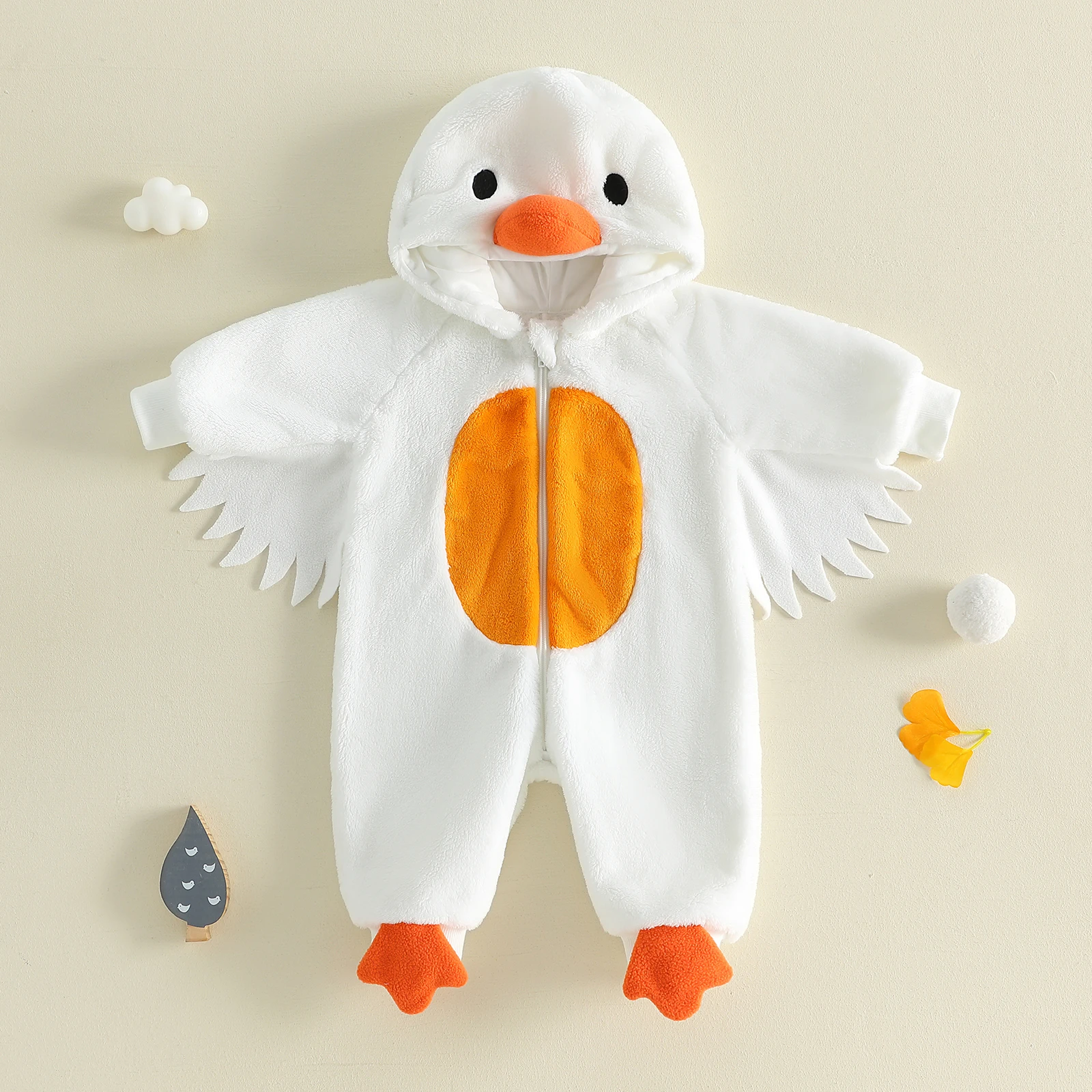 Baby Plush White Goose Costume Toddler Long Sleeve Zipper Hooded Jumpsuit with Wings Halloween Cosplay Outfit