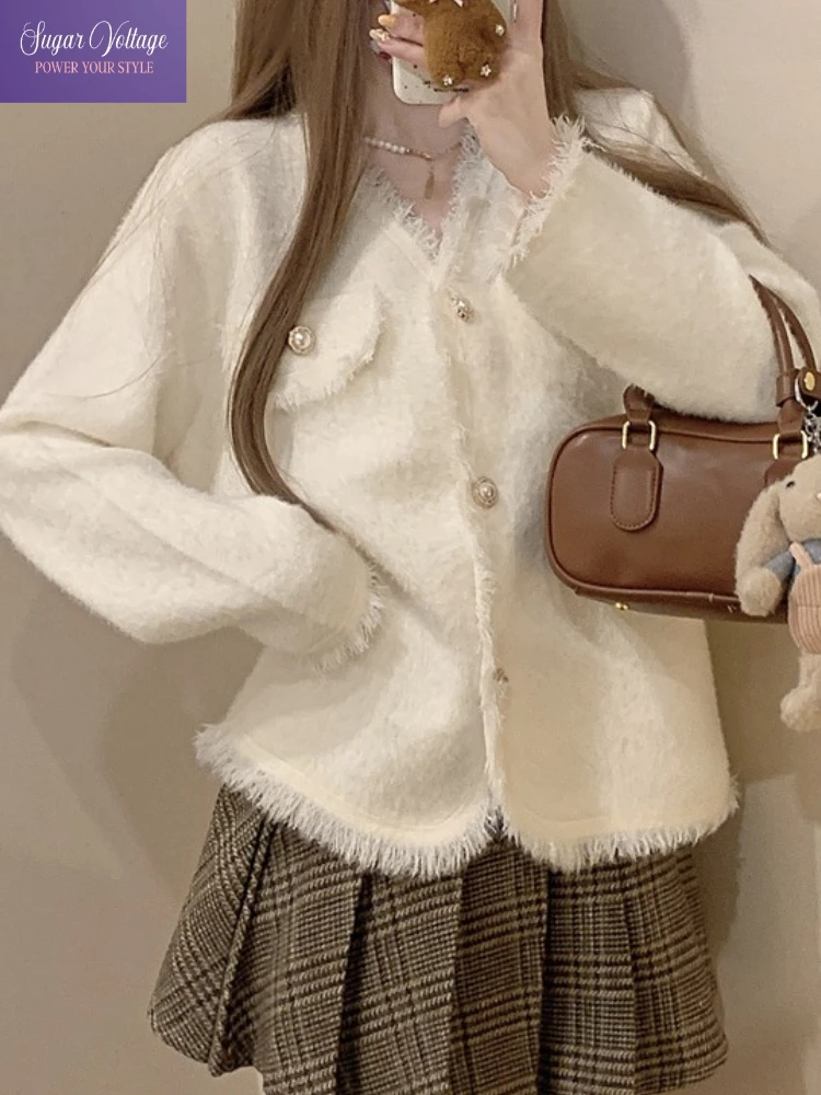 

French V Neck Single Breasted Tassel Knit Cardigan Women Autumn Winter Loose Fit Sweet Retro Style Y2K Casual Streetwear Outfit