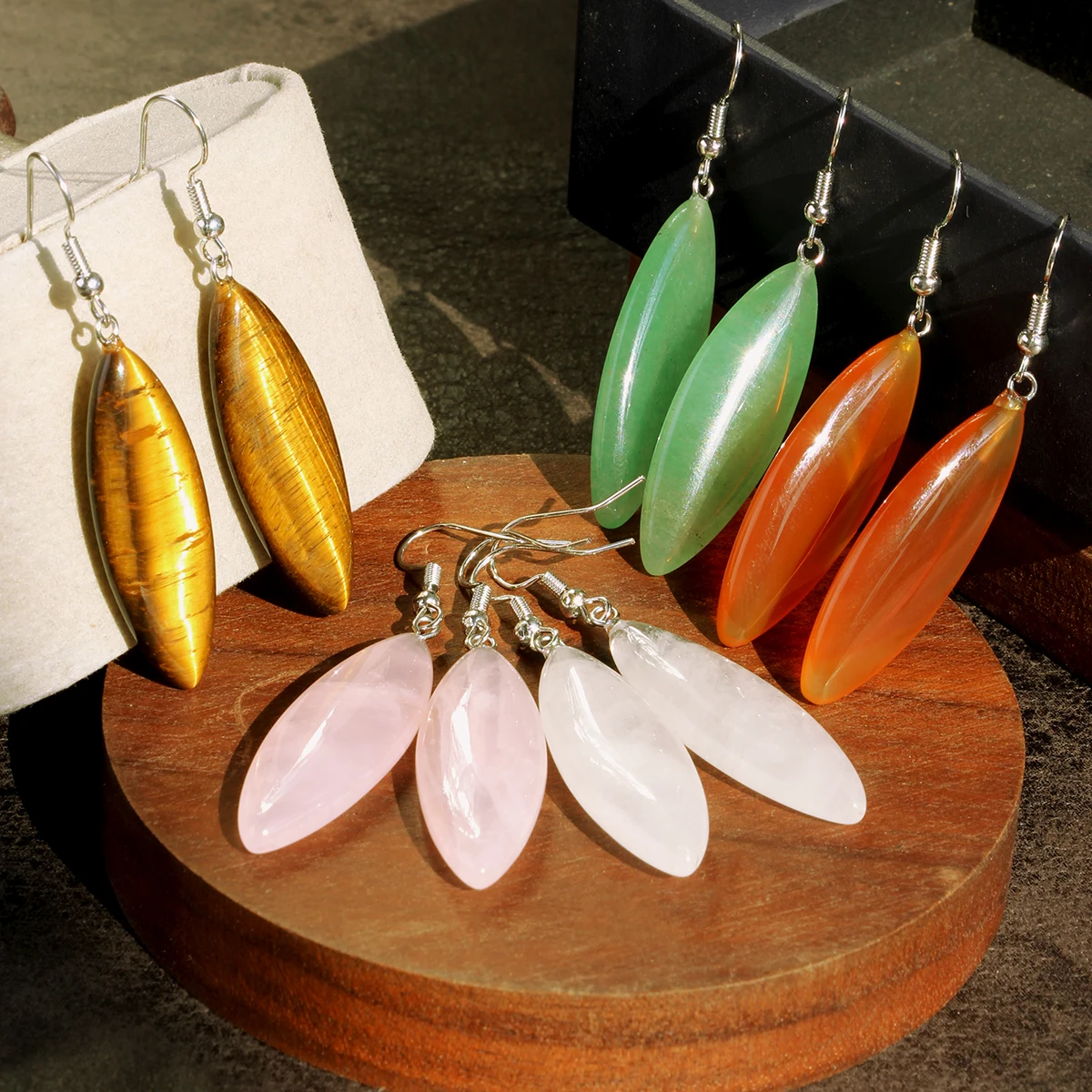 Natural Stone Green Aventurine Rose Quartz Carnelian Crystal Tiger Eye Long Teardrop Pendant Earrings For Women Handmade Jewelry
