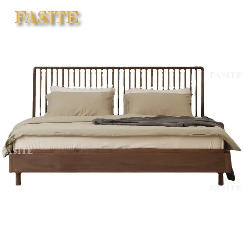 For 1.8m Double Bed Modern Simple New Chinese Style Black Walnut Solid Wood Master Bedroom Furniture Log Bed Frame Durable