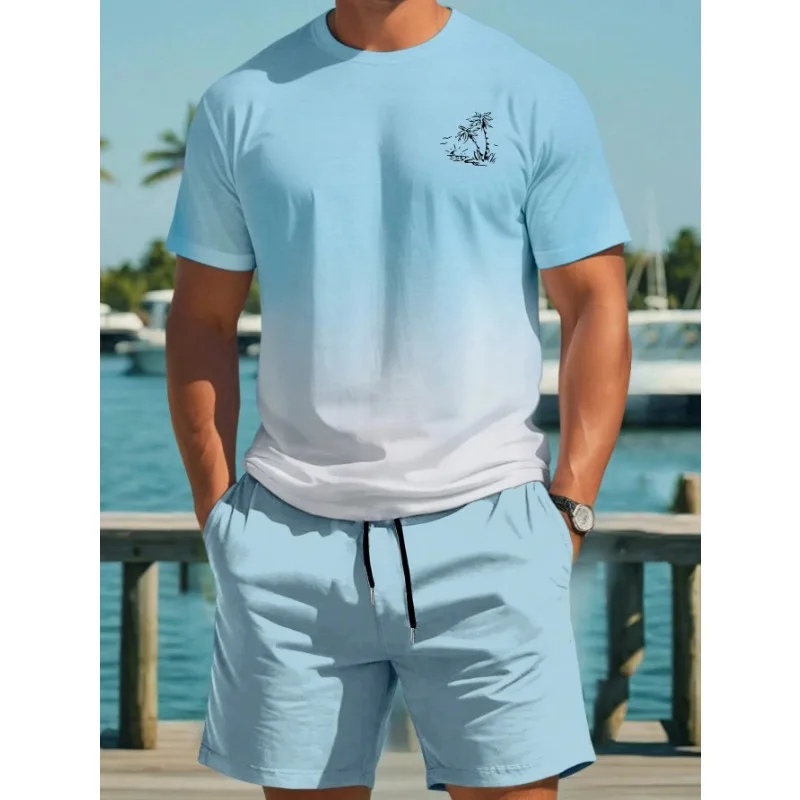 New Gradient Color T-shirt Shorts 2-pcs Set Short Sleeve T-shirts Elastic Waist Shorts Set Pocket Hawaiian Men's Beach Swimsuit