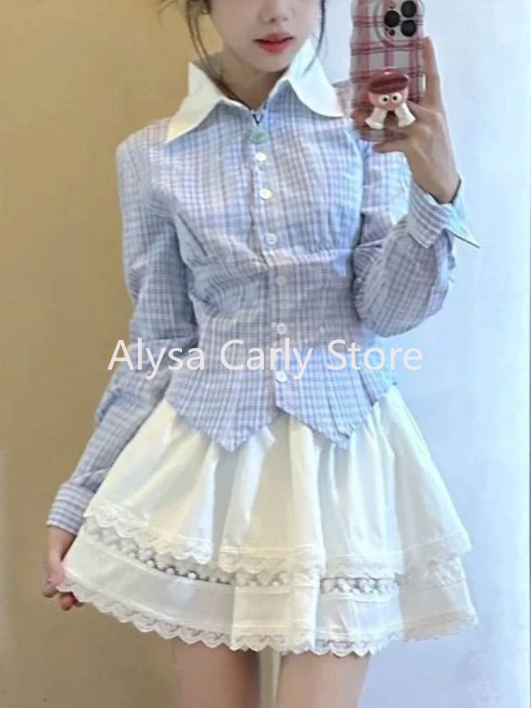 Japanese Kawaii Two Piece Set Women Autumn Plaid Blouse Lace Mini Skirt Sets Female Sweet Cute Chic Evening Party Skirt Set Y2k