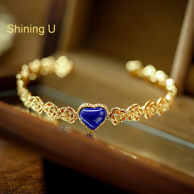 

Shining U S925 Silver Lapis Lazuli Heart Rose Bangle Gold Plated for Women New Chinese Sytle Fine Jewelry