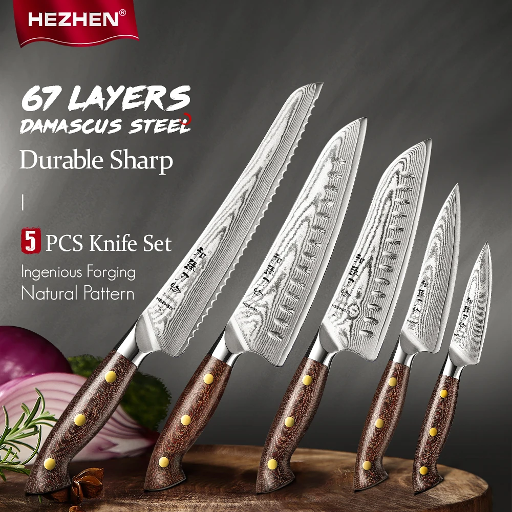 HEZHEN 5PC Chef Kitchen Knife Set 67 Layers Damascus Steel Cutlery Beautiful Gift Box Knives Micarta Handle Sharp Tools