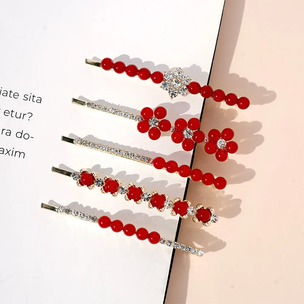 دبوس شعر أحمر بالزهور غطاء رأس ، دبوس شعر بكلمة واحدة ، مشبك شعر لطيف ، دبوس شعر كريستالي ، إكسسوارات شعر مكسورة ، جديدة