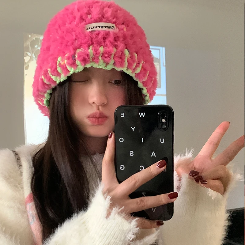 Korean New Hand-woven Mixed-color Plush Hats for Women Autumn and Winter Warm Versatile Sweet and Cute Knitted Beanies Caps