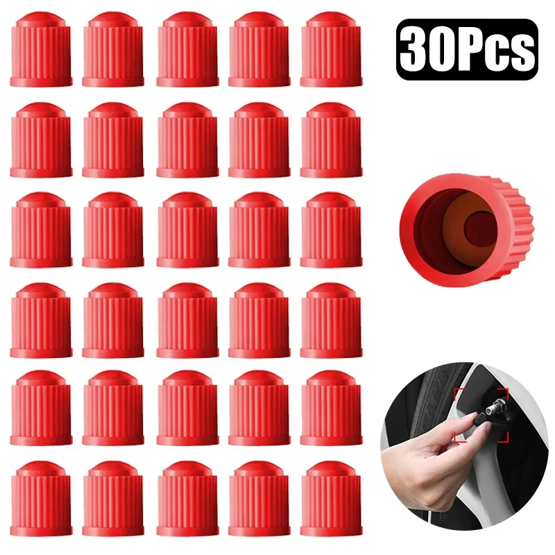 30Pcs Plastikowe czerwone kołpaki na zawory opon samochodowych Kołpaki na zawory powietrza do opon bezdętkowych Akcesoria samochodowe