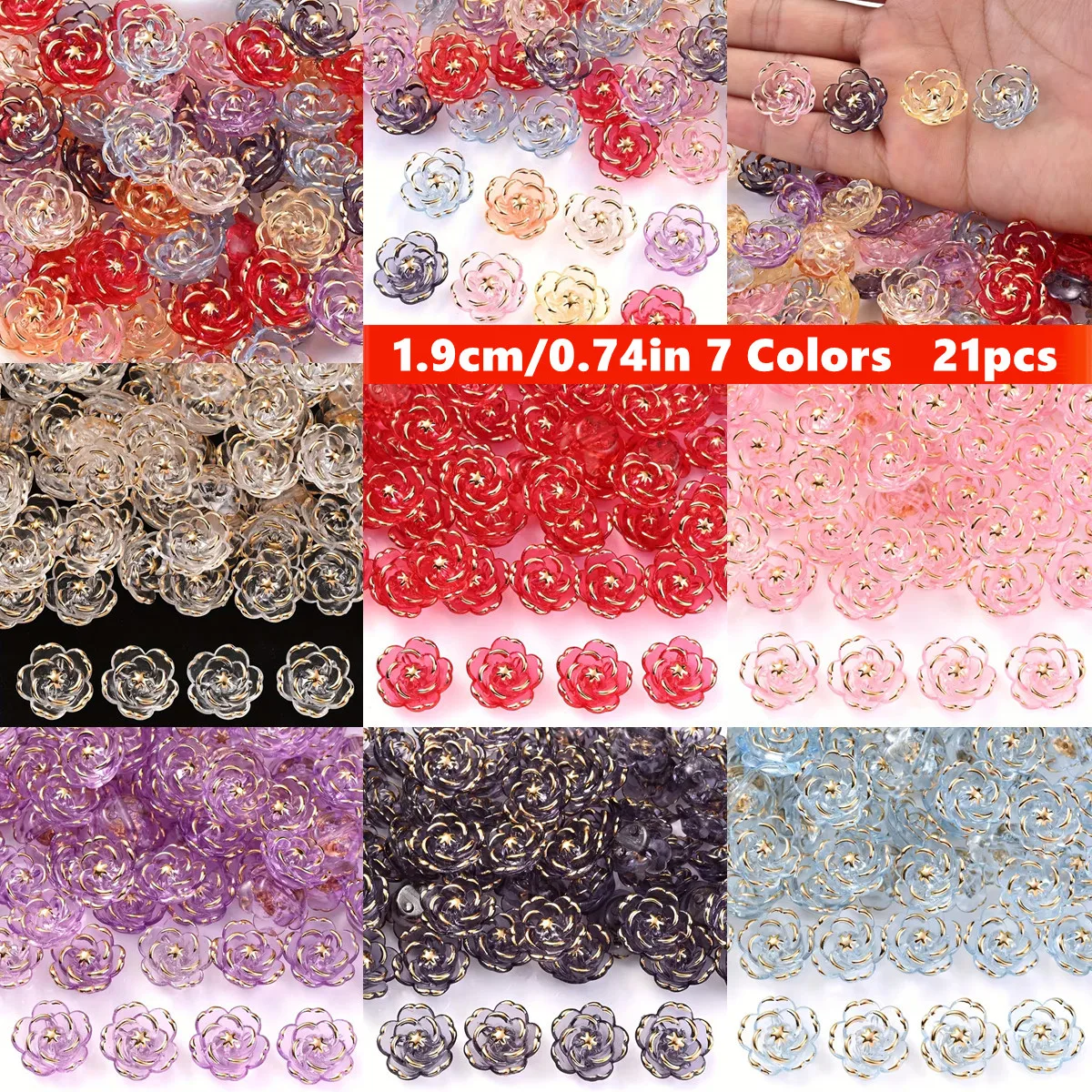 19mm 21pcs Big Size Rose Beads Transparent Edge Acrylic Flower Beads For DIY Making