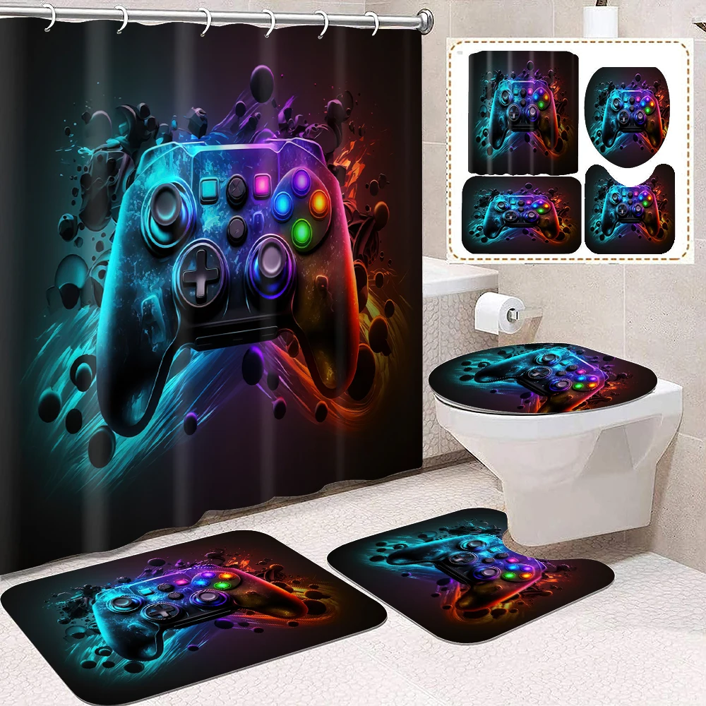 4-piece set of red and blue game console printed waterproof shower curtains with 12 hooks and bathroom floor mats