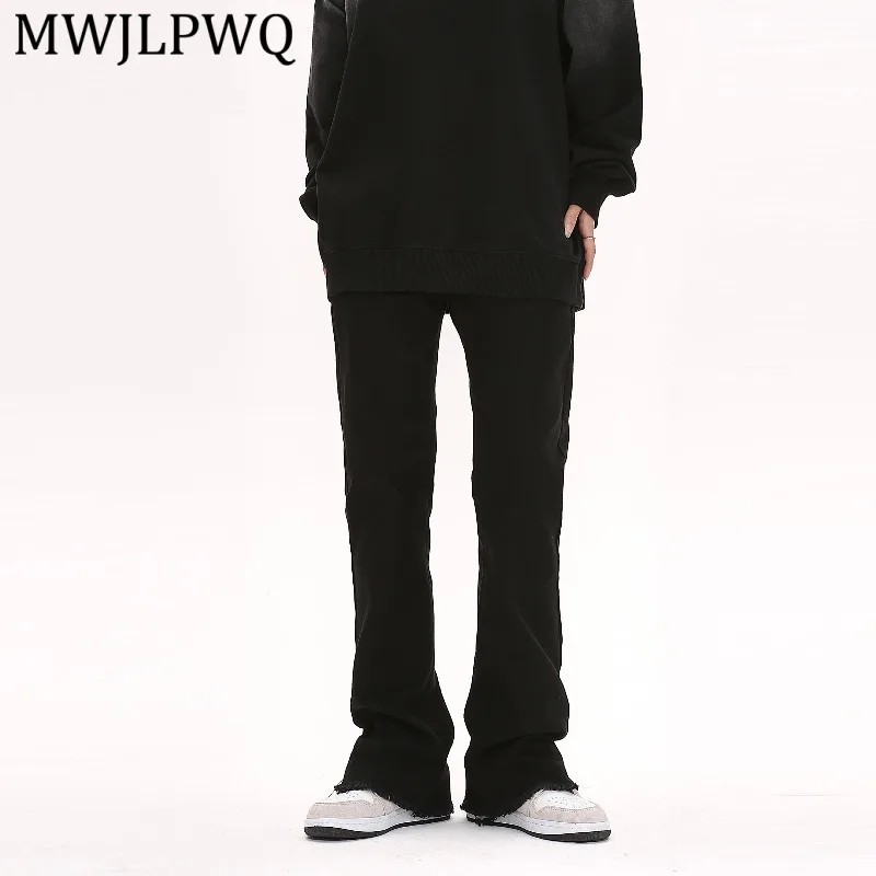 

MWJLPWQ American High Street Vibe Style Black Micro-Flared Jeans Male Spliced Cuffs Slimming Trendy Autumn Long Pants 15885