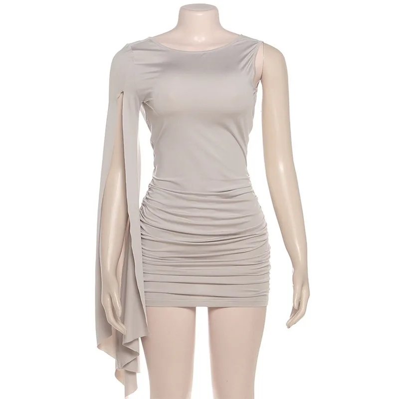 루치드 바디콘 미니 드레스 원숄더 슬릿 플레어 롱 슬리브 드레이프 백리스 슬림 파티 클럽웨어 여성 우아하고 섹시한 베스티도스