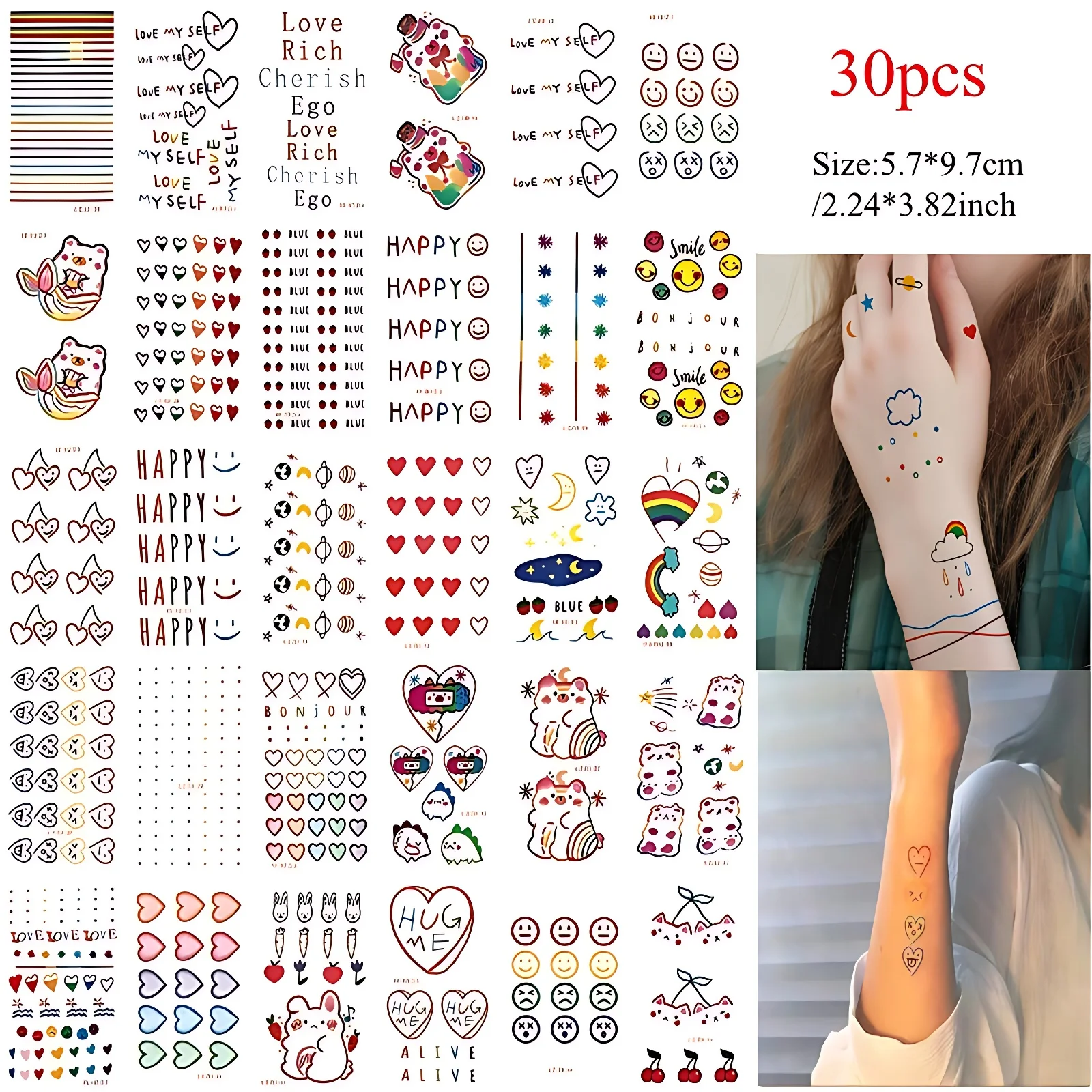 30pcs/set Children Colorful Tattoo Adhesive Cherry English Words Heart Line Water Transfer Tattoo for Clavicle Finger Forearm