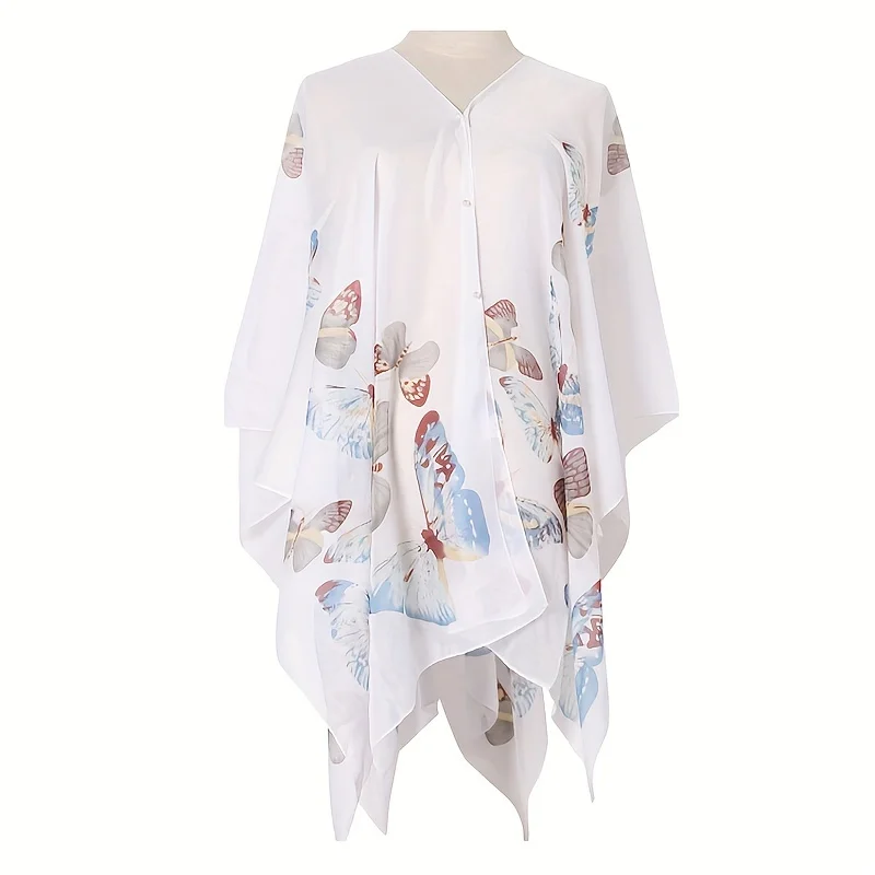 2024 Shawls Summer Beach Sexy Women Fashion Print Chiffon Smock Bikini Cover Up Loose Blouse Sunscreen Comfortable Poncho Hot