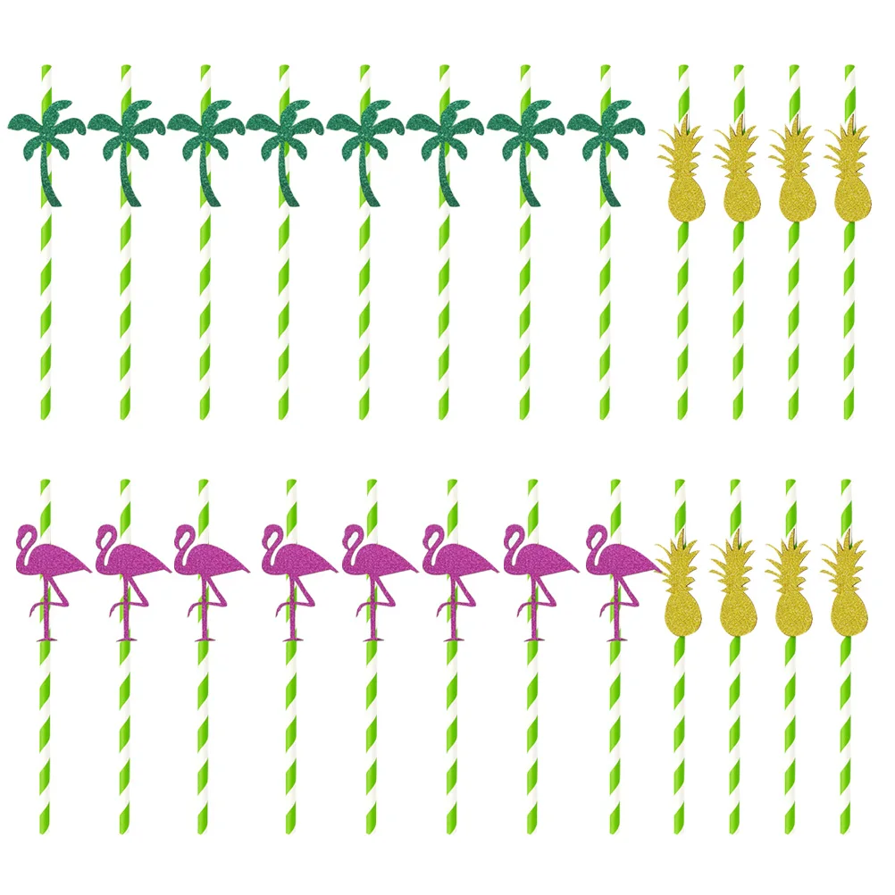 

24Pcs Party Paper Straws Unique Hawaiian Drinking Straws Decorative Flamingo Coconut Tropical BBQ Festivities