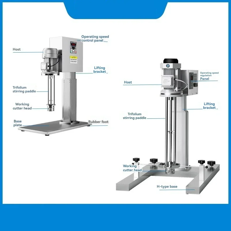 Electric lifting high-speed shearing emulsifier and homogenizer for laboratory and industrial use in cosmetics manufacturing.