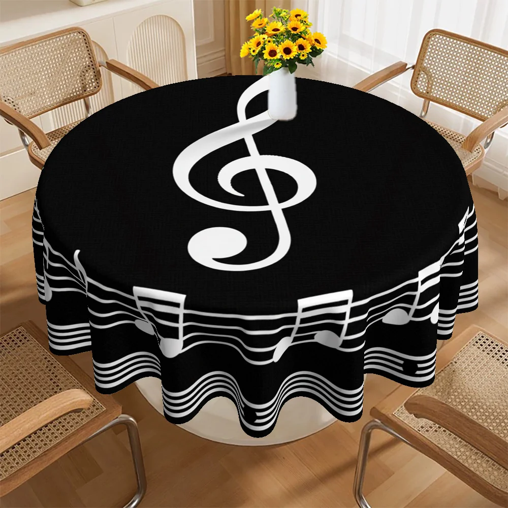 Circular music-themed tablecloth with musical symbol patterns, suitable for birthdays, weddings, and anniversariesxzj