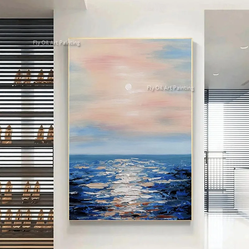 Simple Hand Drawn Green White Texture Thick Canvas Oil Painting New Original Knife Thick Blue White Seascape Wall Art For Decor
